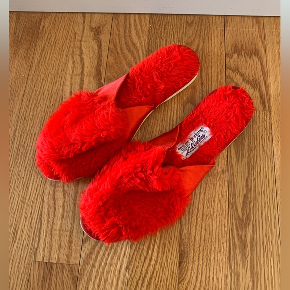 Vintage Shoes - Vintage 1970s Red Fur Slippers